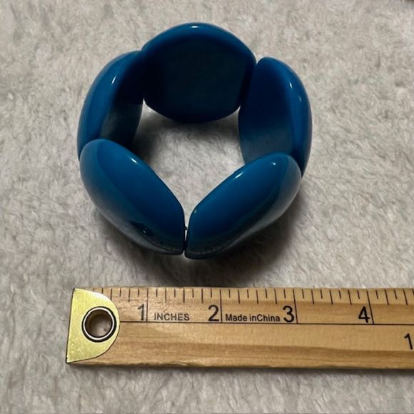 Chunky Retro 80s 90s Blue Teal Large Flat Beads Elastic Bracelet - Picture 6 of 7